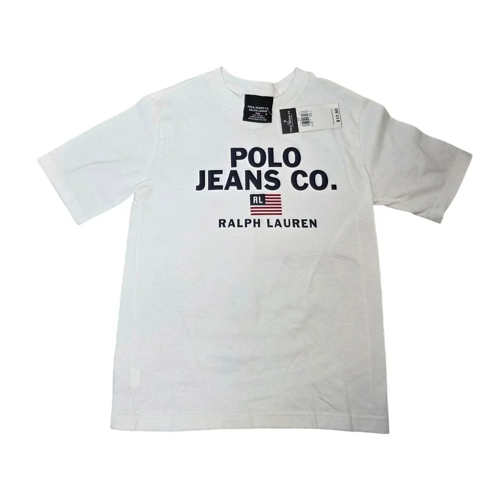 New Vintage Polo Jeans Co Ralph Lauren Boys Shirt Graphic Flag Logo Tee Size 5